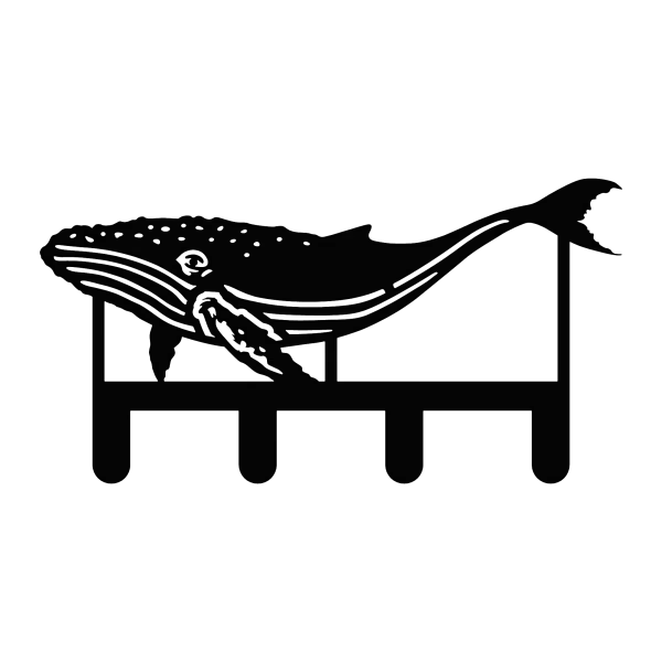 Black painted steel key rack featuring a detailed cutout of a humpback whale. Includes four hooks, suitable for hanging keys and small items.